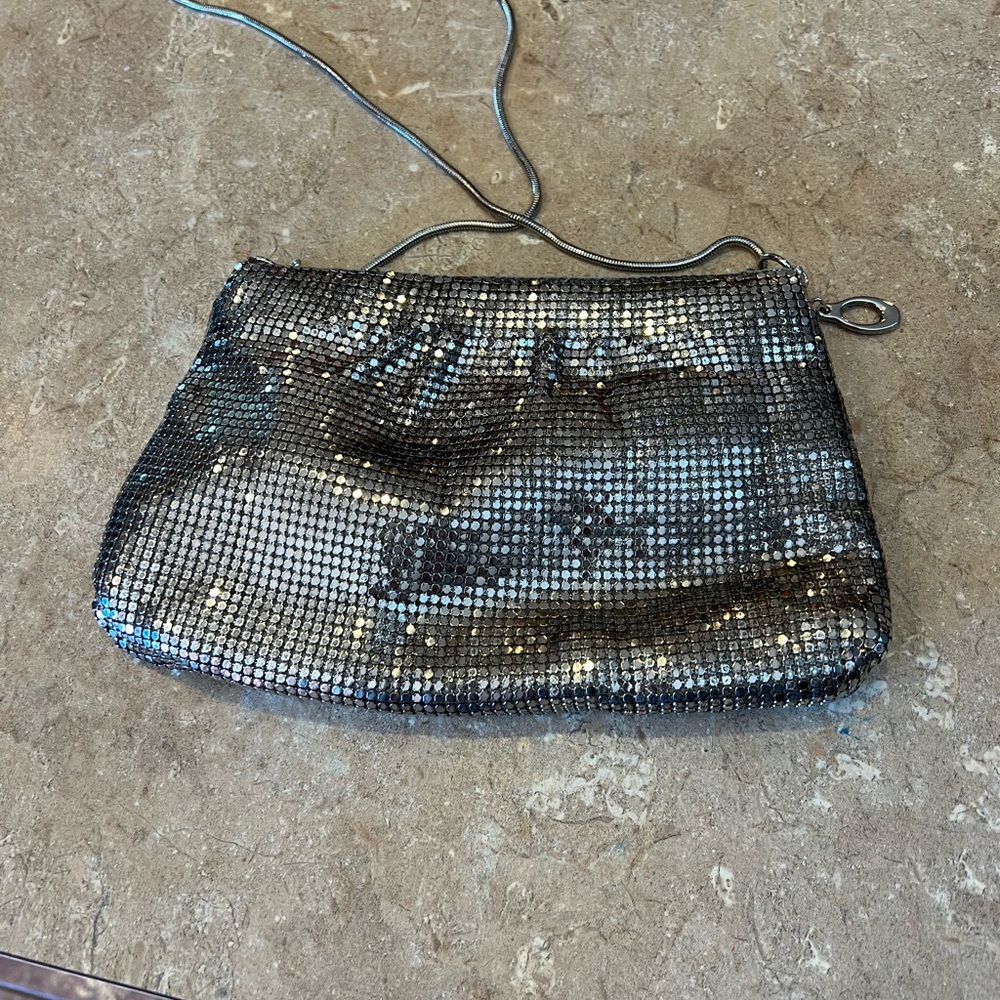 Silver evening bag with long strap